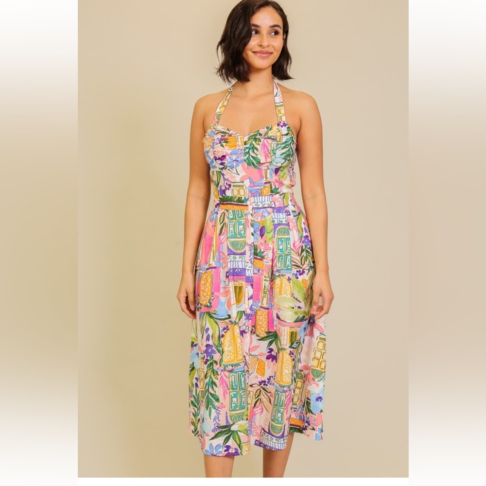 #354 Tropical Halter Dress purple pattern